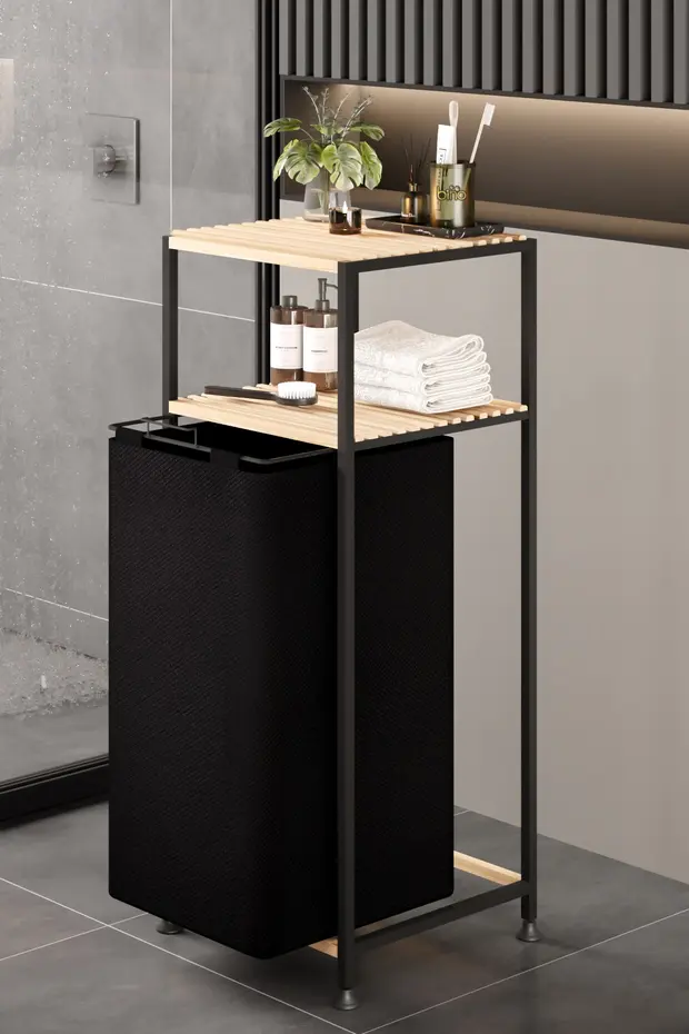 Ahşap Gövdeli 2 Katlı Kirli Çamaşır Sepeti